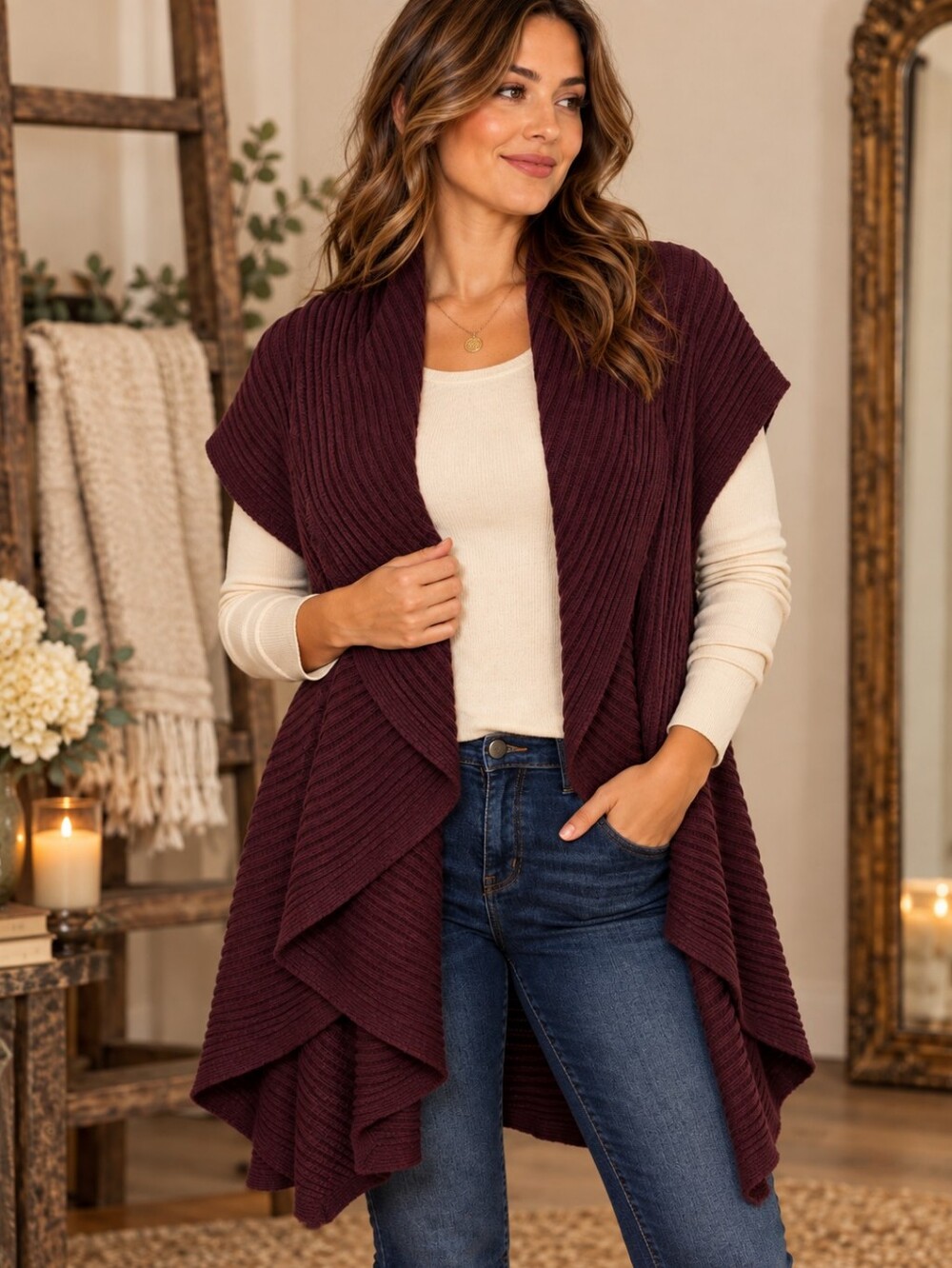 Deep Plum Ribbed Waterfall Knit Vest Draped Open Front Cozy Fall Layer